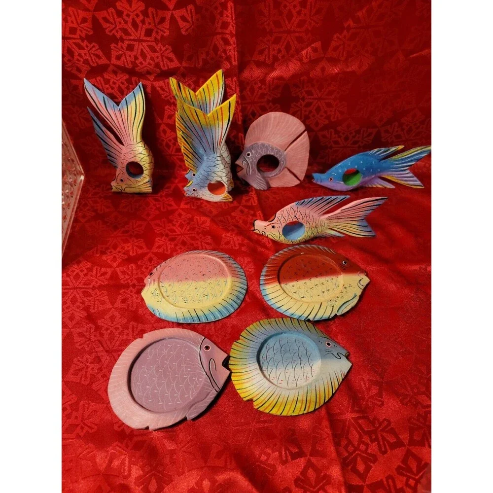Hand Painted Wooden Fish Napkin Rings Home Decor Set of 6 with 4 Coasters
